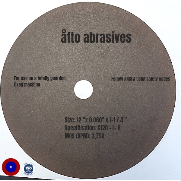 Ruedas de corte sin refuerzo unidas con goma de Atto Abrasives de 12" x 0.060" x 1-1/4" - 3W300-150-PT.