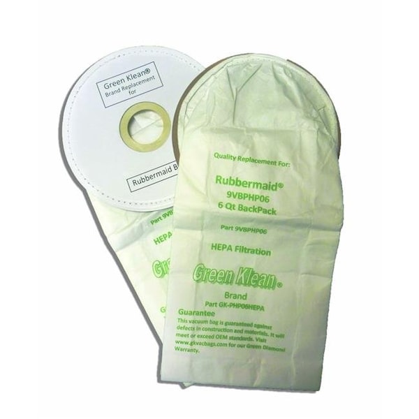 Green Klean Green Klean GK-PHP06HEPA Rubbermaid BP 6 qt Backpack H12 Hepa Replacement Vacuum Bags - 10 per Case - Case of 10 - GK-PHP06-HEPA