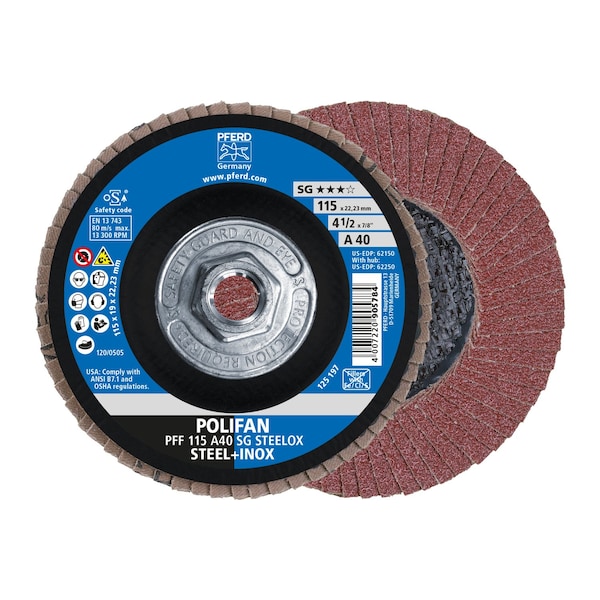 Disco de láminas POLIFAN® de 4-1/2" x 5/8-11 Thd. A SG STEELOX, óxido de aluminio, 40 granos, plano - 62250.