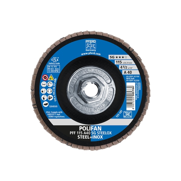 Disco de láminas POLIFAN® de 4-1/2" x 5/8-11 Thd. A SG STEELOX, óxido de aluminio, 40 granos, plano - 62250.