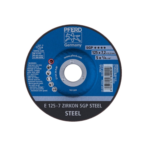 Rueda de rectificado Pferd de 5" x 1/4, 7/8" A.H. - ZIRKON SGP STEEL - Tipo 27 - 61554