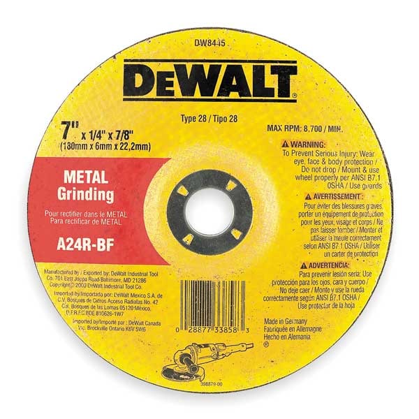 Ruedas de centro deprimido Dewalt, Tipo 28, 7 pulgadas de diámetro, 1/4 de pulgada de espesor, tamaño de agujero de árbol de 7/8 de pulgada, Oxido de aluminio - DW8445