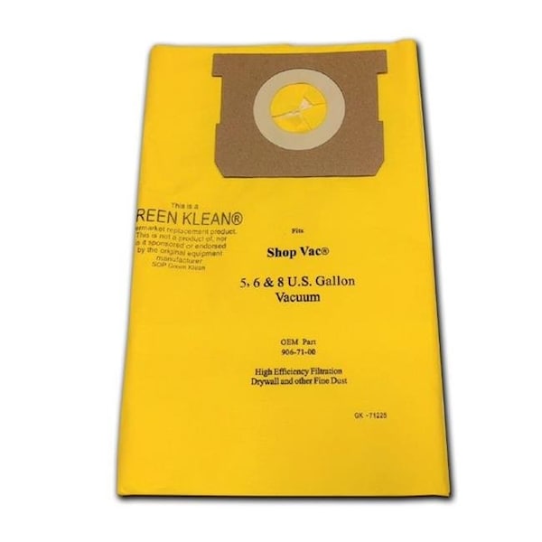 Green Klean Microplus Green Klean MicroPlus For Shop Vac 906-71-00 5 - 8 Gallon High Efficiency 712-25 Replacement Paper Filter Bag For Drywall Dust  Pack of 10 - GK-71225