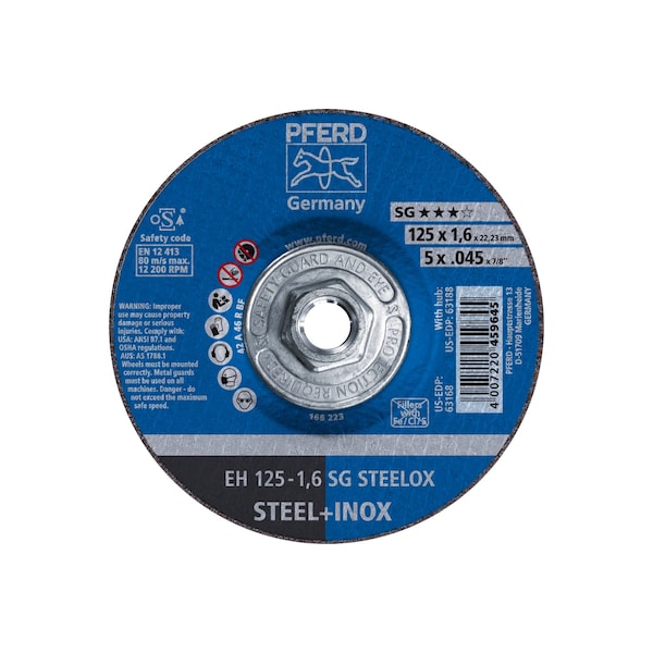 Rueda de corte Pferd de 5" x .045", 5/8-11 Thd. - SG STEELOX - Tipo 27 - 63188.