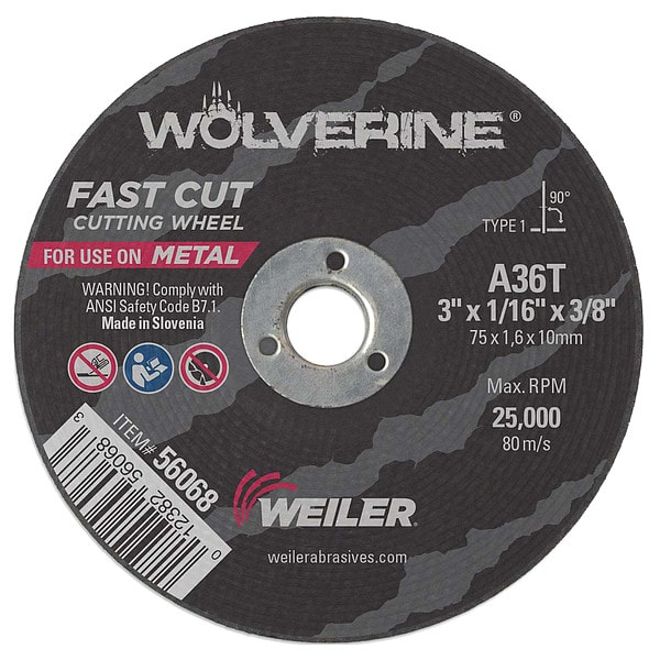 Rueda de corte tipo 1 Weiler Wolverine de 3" x 1/16" A36T con agujero de 3/8" - 56068