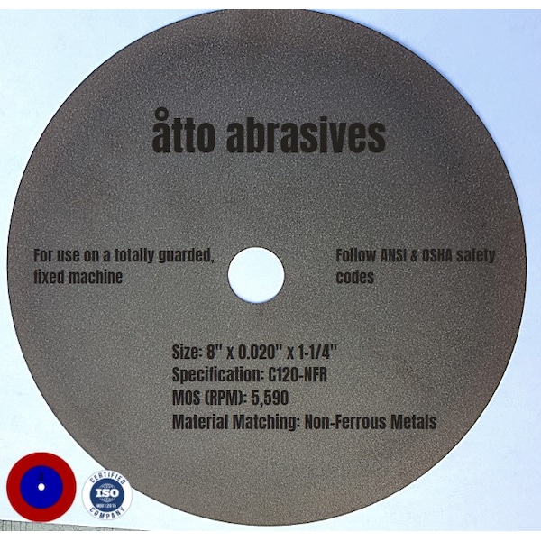 Ruedas de seccionamiento ultradelgadas Atto Abrasives 8"x0.020"x1-1/4" Metales no ferrosos - 3W200-050-SN