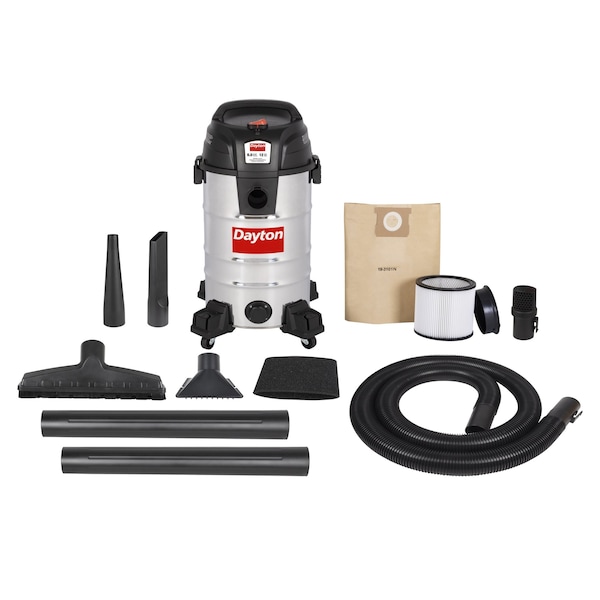 Dayton Vacuum, 12 gal Tank Size, Stainless Steel, 2 1/2 in Vacuum Hose Dia., 114 cfm, Corded - 61HV86