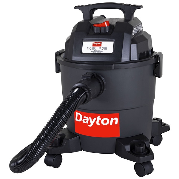 Dayton Portable Wet/Dry Vacuum, 4 gal Tank, Plastic, 1 1/4 in Vacuum Hose Dia, 63 cfm Vacuum Air Flow, Std - 61HV78