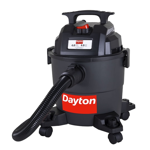 Dayton Portable Wet/Dry Vacuum, 4 gal Tank, Plastic, 1 1/4 in Vacuum Hose Dia, 63 cfm Vacuum Air Flow, Std - 61HV78