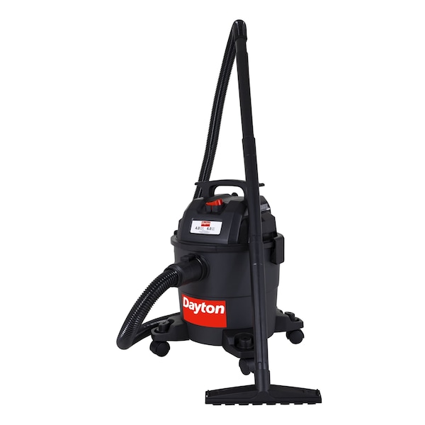 Dayton Portable Wet/Dry Vacuum, 4 gal Tank, Plastic, 1 1/4 in Vacuum Hose Dia, 63 cfm Vacuum Air Flow, Std - 61HV78
