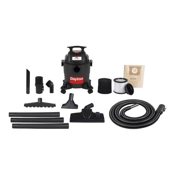 Dayton Portable Wet/Dry Vacuum, 4 gal Tank, Plastic, 1 1/4 in Vacuum Hose Dia, 63 cfm Vacuum Air Flow, Std - 61HV78