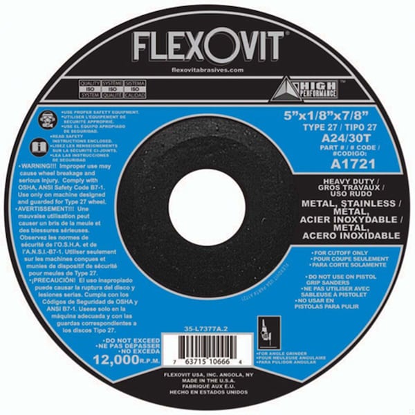 Flexovit HIGH PERFORMANCE Rueda de corte deprimida de alto rendimiento, diámetro de 5 pulgadas x 1/8 pulgadas de grosor, agujero central de 7/8 pulgadas, A24/30T - A1721.