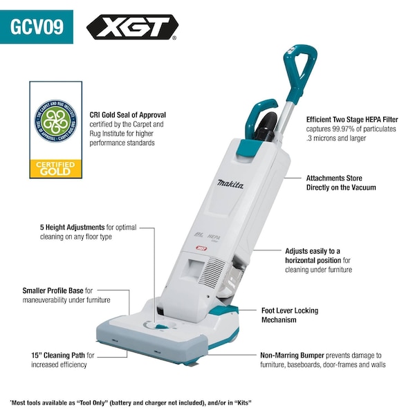 Makita Cordless Upright Vacuum, 20.3 lb, 57 dB - GCV09L1
