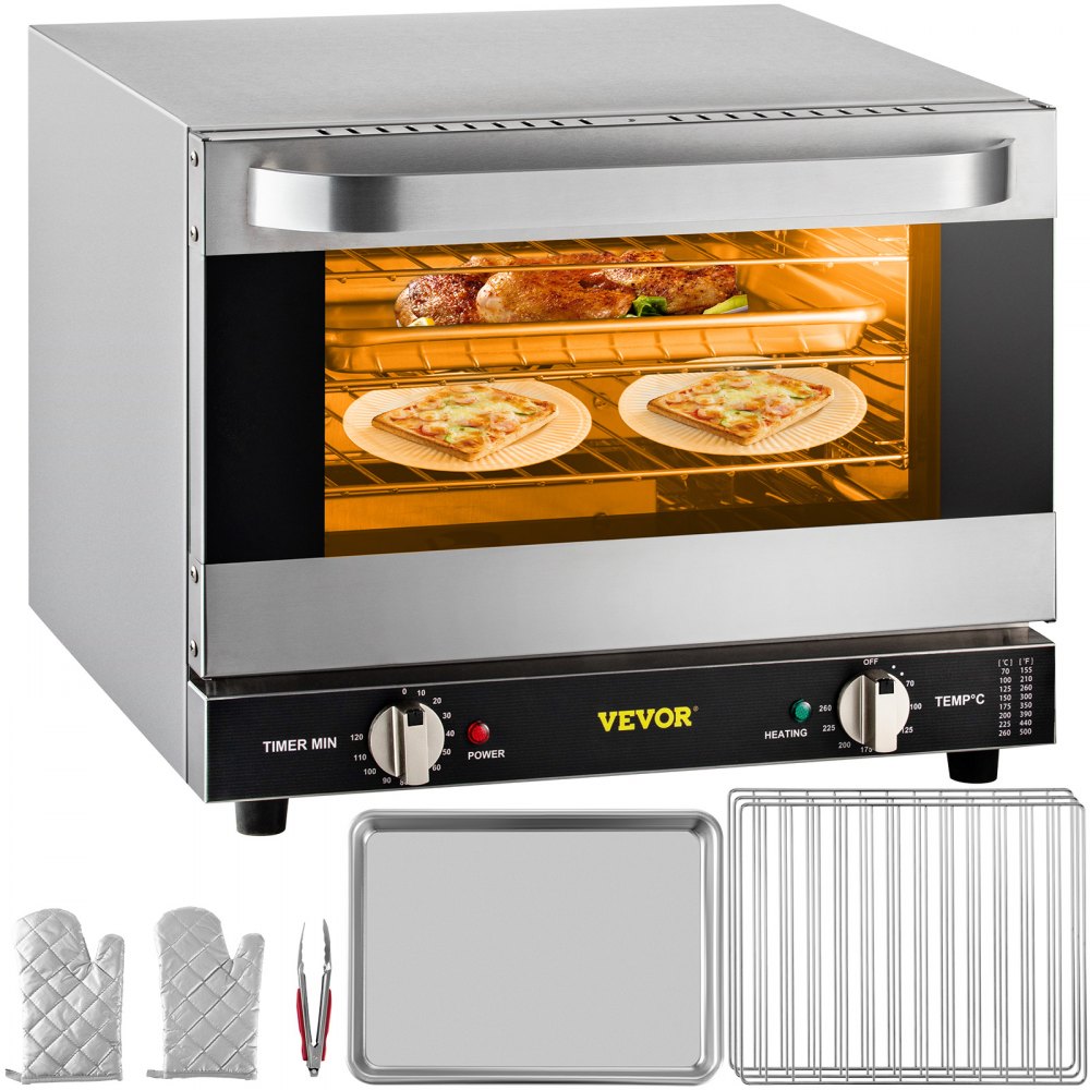 VEVOR Commercial Convection Oven, 21L/19Qt, Quarter-Size Conventional Oven Countertop, 1440W 3-Tier Toaster w/ Front Glass Door, Electric Baking Oven w/ Trays Wire Racks Clip Gloves, 120V, ETL Listed - RFXHLM20L110VGKHUV1