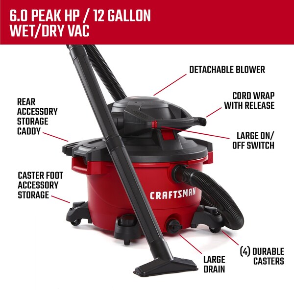 Craftsman 12 Gallon 6.0 Peak HP Wet/Dry Vacuum with Detachable Blower and Attachments - CMXEVBE17606