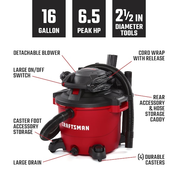 Craftsman 16 Gallon 6.5 Peak HP Wet/Dry Vacuum with Detachable Blower and Attachments - CMXEVBE17607