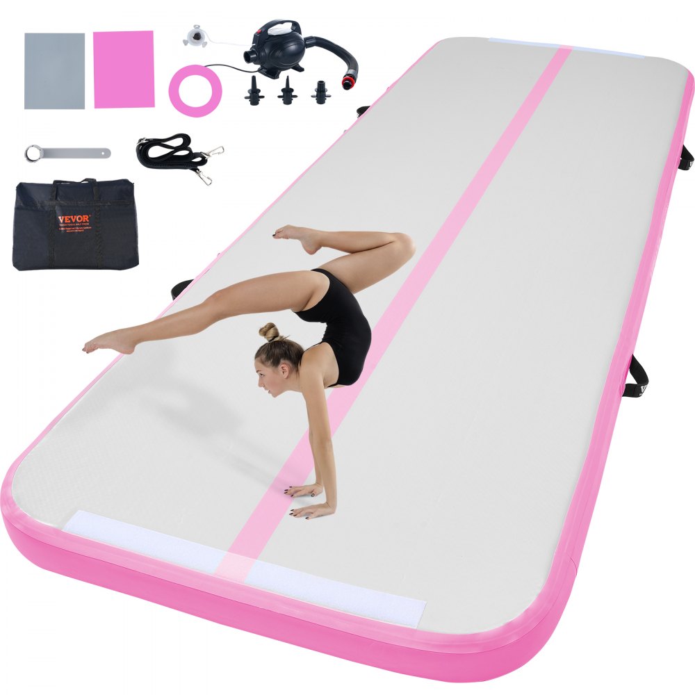 VEVOR Gymnastics Air Mat, 4 inch Thickness Inflatable Gymnastics Tumbling Mat, Tumble Track with Electric Pump, Training Mats for Home Use/Gym/Yoga/Cheerleading/Beach/Park/Water, 10 ft, Pink - ZFXKKFQD10FT2QH84V1