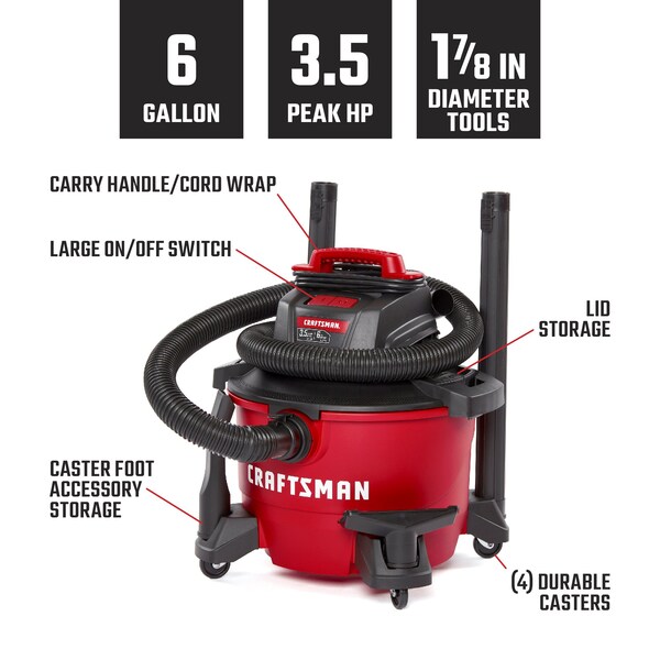 Craftsman 6 Gallon 3.5 Peak HP Wet/Dry Vac, Portable Shop Vacuum with Attachments - CMXEVBE17584