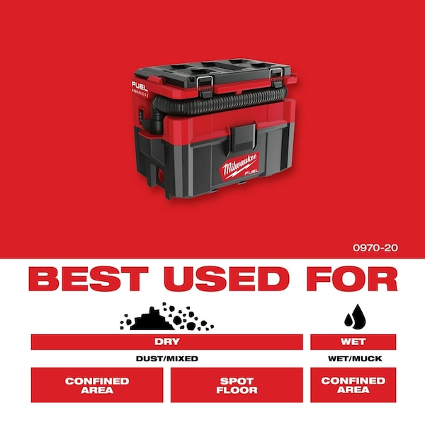 Milwaukee Tool Wet/Dry Vacuum, 2 1/2 gal, 0 hp - 0970-20, 48-11-1880