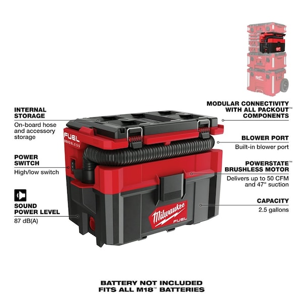Milwaukee Tool Wet/Dry Vacuum, 2 1/2 gal, 0 hp - 0970-20, 48-11-1880