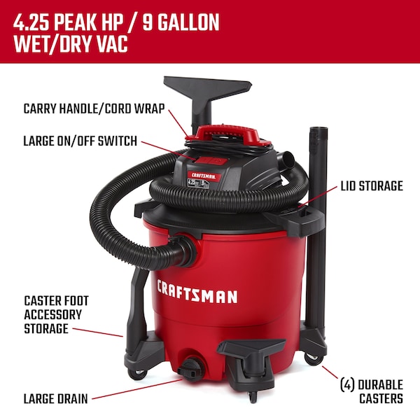 Craftsman 9 Gallon 4.25 Peak HP Wet/Dry Shop Vacuum with Dusting Brush and Attachments - CMXEVBE18690