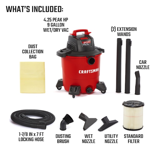 Craftsman 9 Gallon 4.25 Peak HP Wet/Dry Shop Vacuum with Dusting Brush and Attachments - CMXEVBE18690
