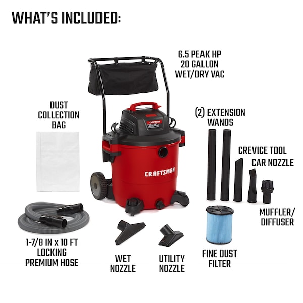 Craftsman 20 Gallon 6.5 Peak HP Heavy Duty Wet/Dry Vacuum with Cart and Attachments - CMXEVBE17656