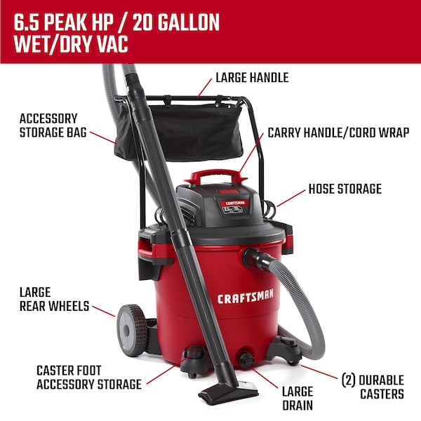 Craftsman 20 Gallon 6.5 Peak HP Heavy Duty Wet/Dry Vacuum with Cart and Attachments - CMXEVBE17656