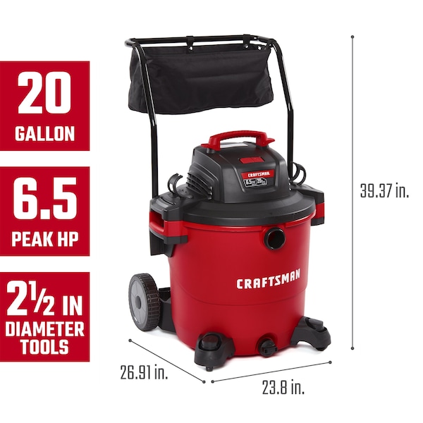 Craftsman 20 Gallon 6.5 Peak HP Heavy Duty Wet/Dry Vacuum with Cart and Attachments - CMXEVBE17656
