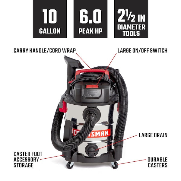 Craftsman 10 Gallon 6.0 Peak HP Stainless Steel Wet/Dry Shop Vacuum with Attachments - CMXEVBE17155