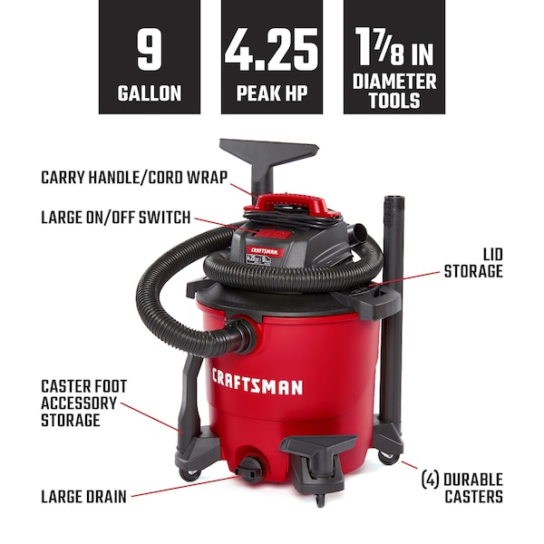 Craftsman 9 Gallon 4.25 Peak HP Wet/Dry Vac, Portable Shop Vacuum with Attachments - CMXEVBE17590