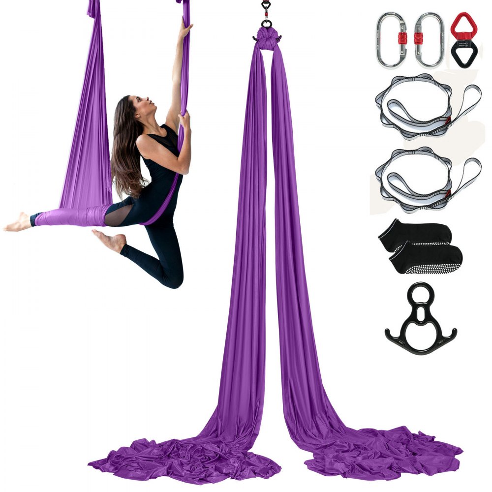 VEVOR Aerial Silk & Yoga Swing, 8.7 Yards, Aerial Yoga Hammock Kit with 100gsm Nylon Fabric, Full Rigging Hardware & Easy Set-up Guide, Antigravity Flying for All Levels Fitness Bodybuilding, Purple - DCK822X28MSZR9A6KV0