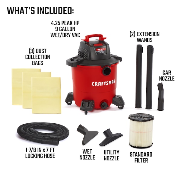Craftsman 9 Gallon 4.25 Peak HP Wet/Dry Shop Vacuum with 3 Dust Bags and Attachments - CMXEVBE18590