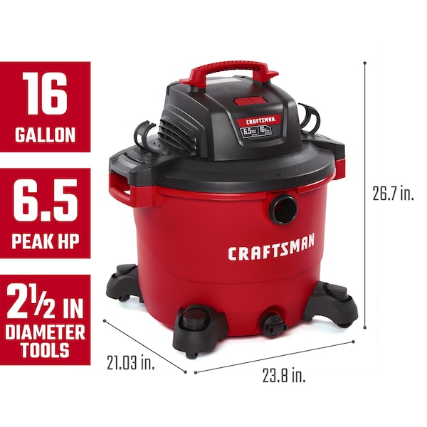 Craftsman 16 Gallon 6.5 Peak HP Heavy-Duty Wet/Dry Vacuum with 4 Dust Bags, Attachments - CMXEVBE18595