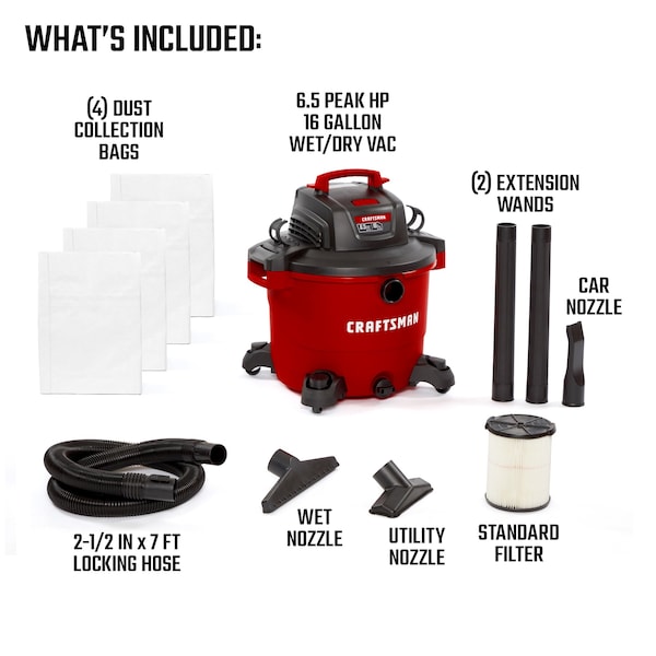 Craftsman 16 Gallon 6.5 Peak HP Heavy-Duty Wet/Dry Vacuum with 4 Dust Bags, Attachments - CMXEVBE18595