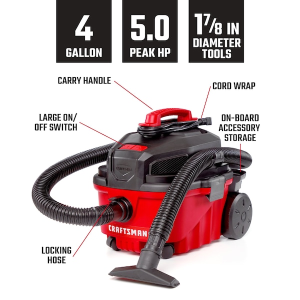 Craftsman 4 Gallon 5.0 Peak HP Wet/Dry Vac, Portable Shop Vacuum with Attachments - CMXEVBE17040