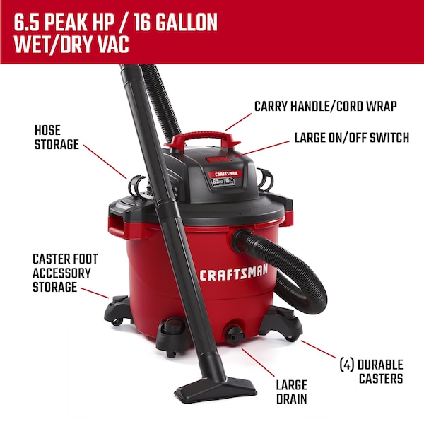 Craftsman 16 Gallon 6.5 Peak HP Heavy-Duty Wet/Dry Vacuum with Diffuser and Attachments - CMXEVBE18695