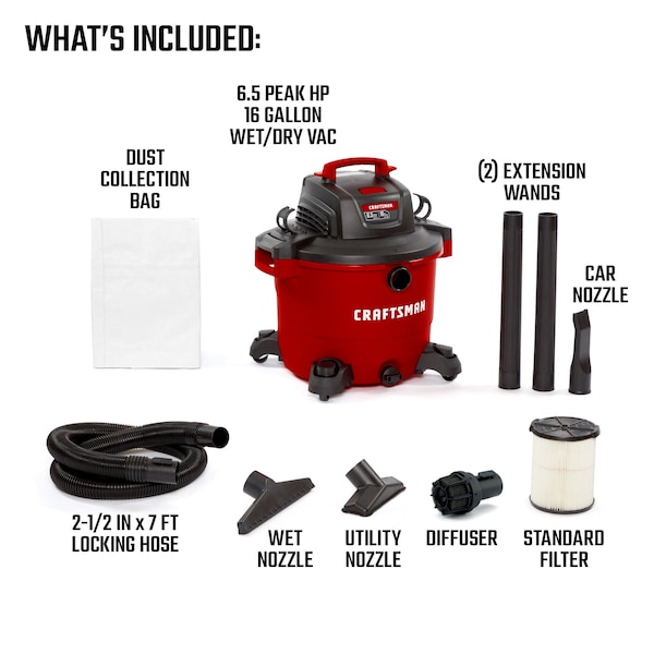 Craftsman 16 Gallon 6.5 Peak HP Heavy-Duty Wet/Dry Vacuum with Diffuser and Attachments - CMXEVBE18695