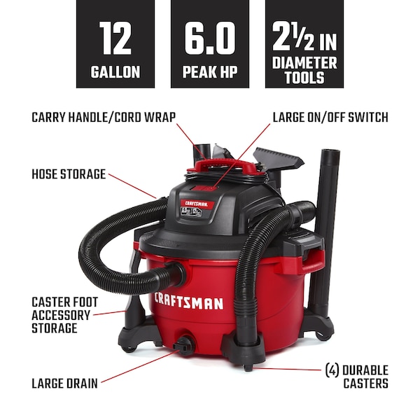 Craftsman 12 Gallon 6.0 Peak HP Wet/Dry Vac, Portable Shop Vacuum with Attachments - CMXEVBE17594