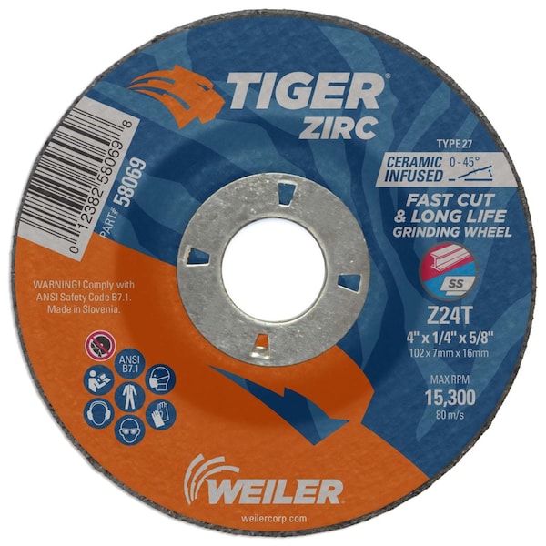Rueda de esmerilado de tipo 27 Weiler 4" x 1/4" TIGER ZIRC Z24T 5/8 A.H. - 58069