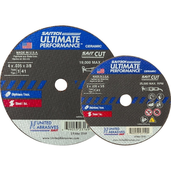 United Abrasives/Sait - Rueda de corte Tipo 1 Saitech de 3" x .035" x 3/8" de Óxido de Aluminio Cerámico - 23150