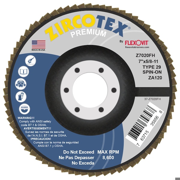 Disco abrasivo de solapa Flexovit ZIRCOTEX 7inX5/8-11 ZA120 - Z7020FH