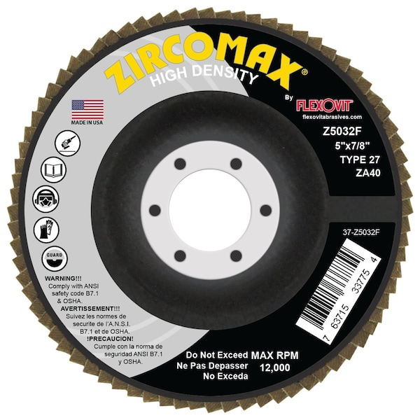 Disco de aletas ZIRCOMAX 5 pulgadas X 7/8 pulgadas 5X7/8 - Z5032F de Flexovit