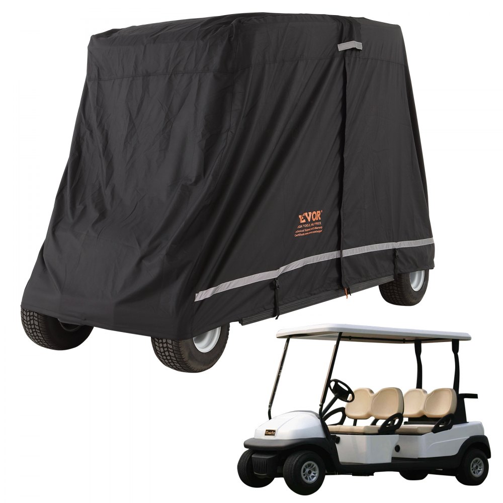 VEVOR 4 Passenger Golf Cart Cover, 600D Polyester Full Cover, Universal Fits for Most Brand Club Car Covers, Waterproof, Sunproof, and Dustproof Outdoor Golf Cart Cover with Three Zipper Doors, Black - QFBSGEFCZGMD7Y5A6V0