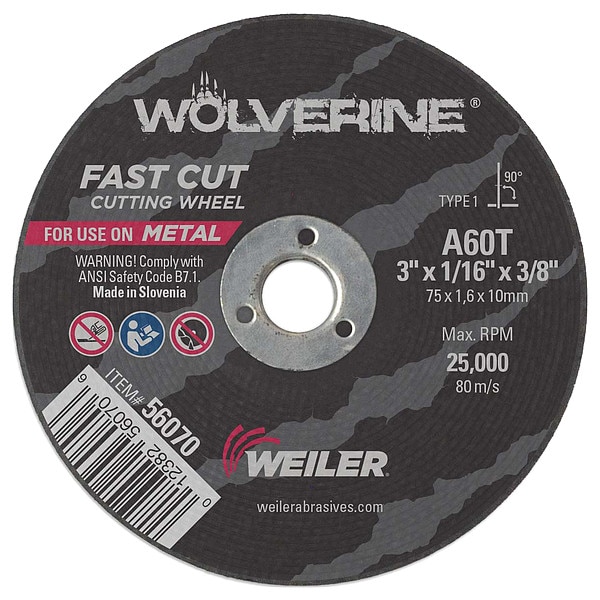 Rueda de corte tipo 1 Wolverine de Weiler de 3"x1/16" A60T 3/8" A.H. - 56070