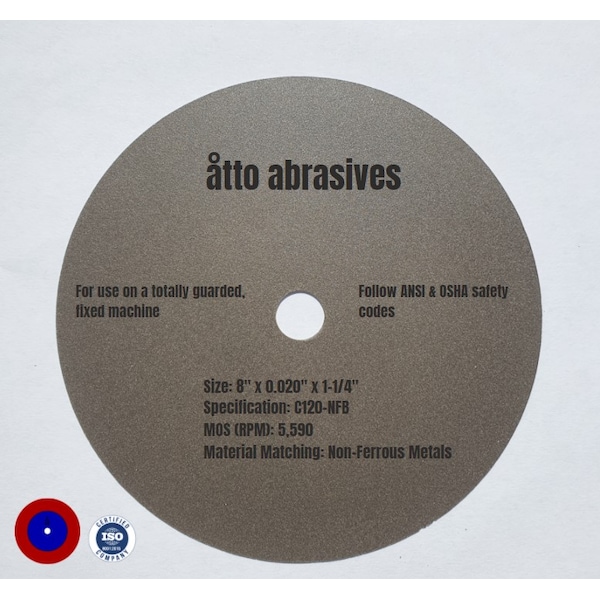 Ruedas de corte ultra delgadas Atto Abrasives 8"x0.020"x1-1/4" para metales no ferrosos - 1W200-050-SN