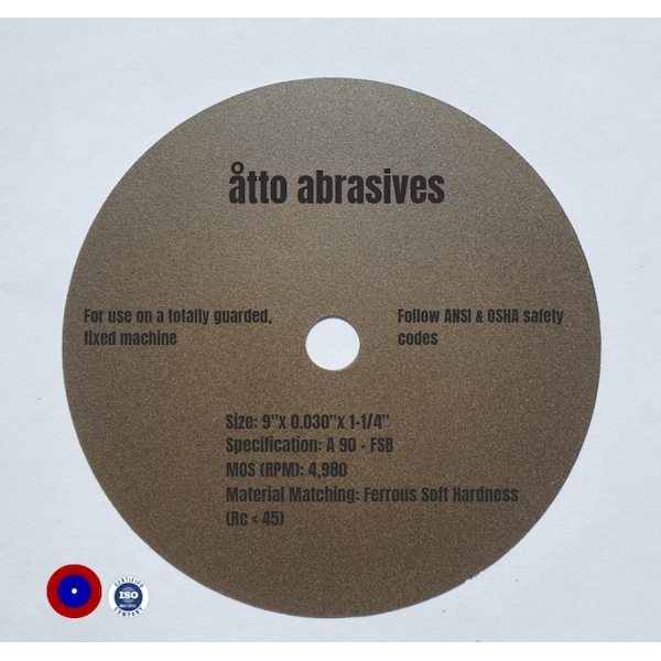 Ruedas de Corte Ultra-Delgadas para Secciones Atto Abrasives 9"x0.030"x1-1/4" Dureza Suave Dura en Hierro - 1W225-075-SS