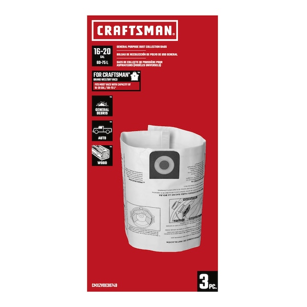Craftsman General Purpose Wet/Dry Vac Dust Bags for 16 and 20 Gal. Shop Vacuums, 3PK - CMXZVBE38749
