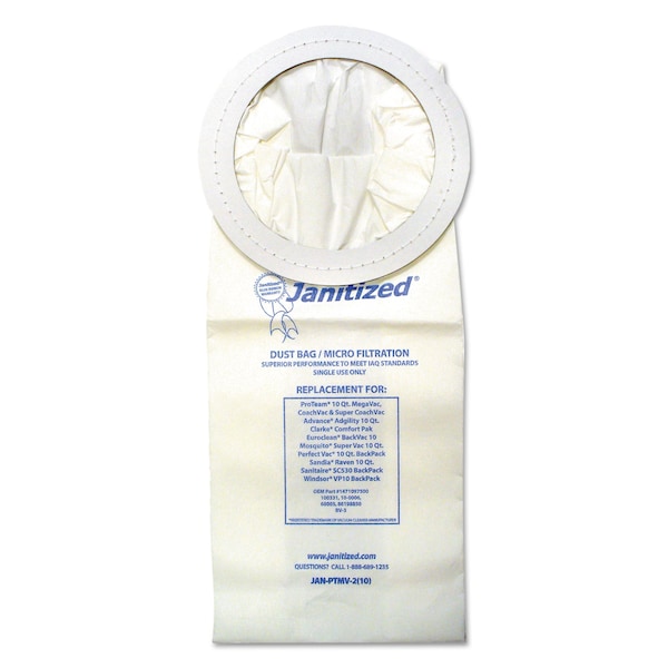 Janitized Vacuum Filters Designed to Fit Most Commercial 10 Qt. Backpack Vacs, PK10 PK - JAN-PTMV-2(10)