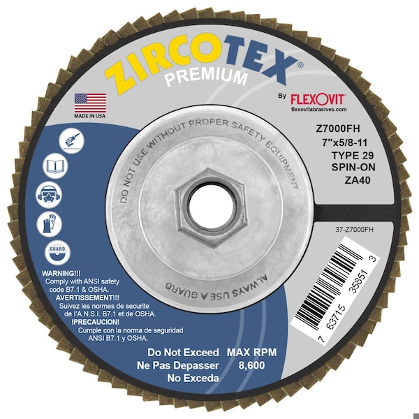 Flexovit Zircotex Premium, Disco de Aletas Abrasivas Recubierto, 7 pulgadas de diámetro, Grano ZA40, Grado Grueso, Alúmina de Circonio - Z7000FH